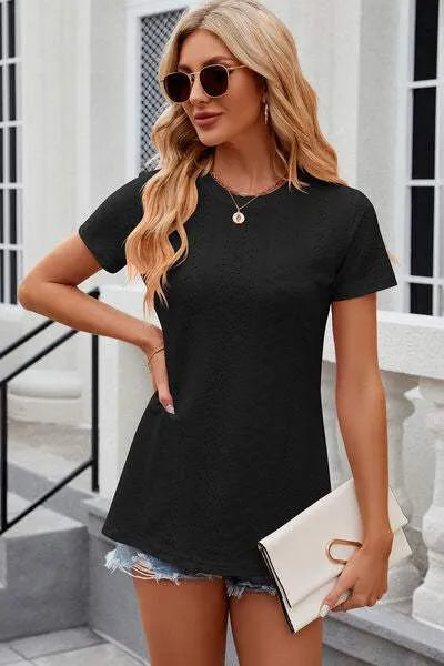 Eyelet Slit Round Neck Short Sleeve T-Shirt Women's T-Shirts - Tophatter Daily Deals